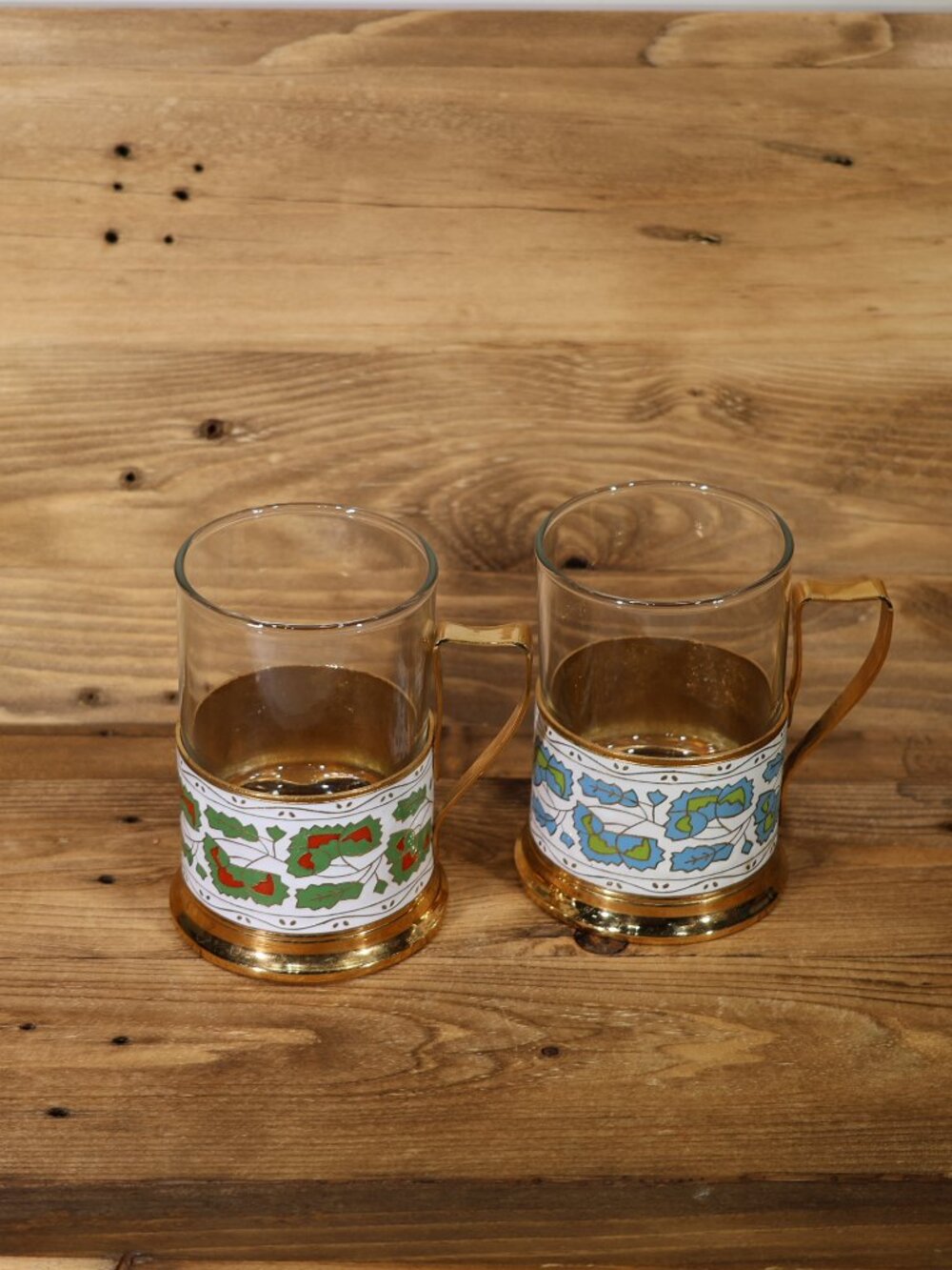 Set Of 2 Vintage Russian USSR Enamel Tea Glass cup Holder Glass Podstakannik
